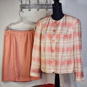 Worthington Salmon Pink Silver Check Rayon Acetate Button Up LS Skirt Set Sz 16W